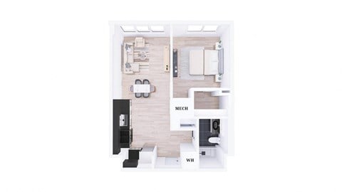 Floor plan for 1 bed, 1 bath, 701 sqft